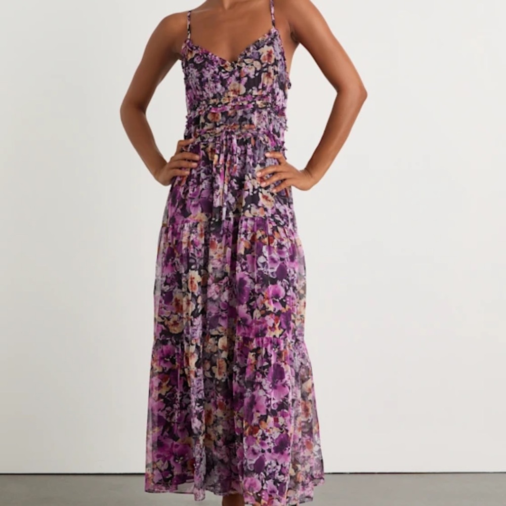 Dayah Purple Floral Ruffled Tiered Midi Dress